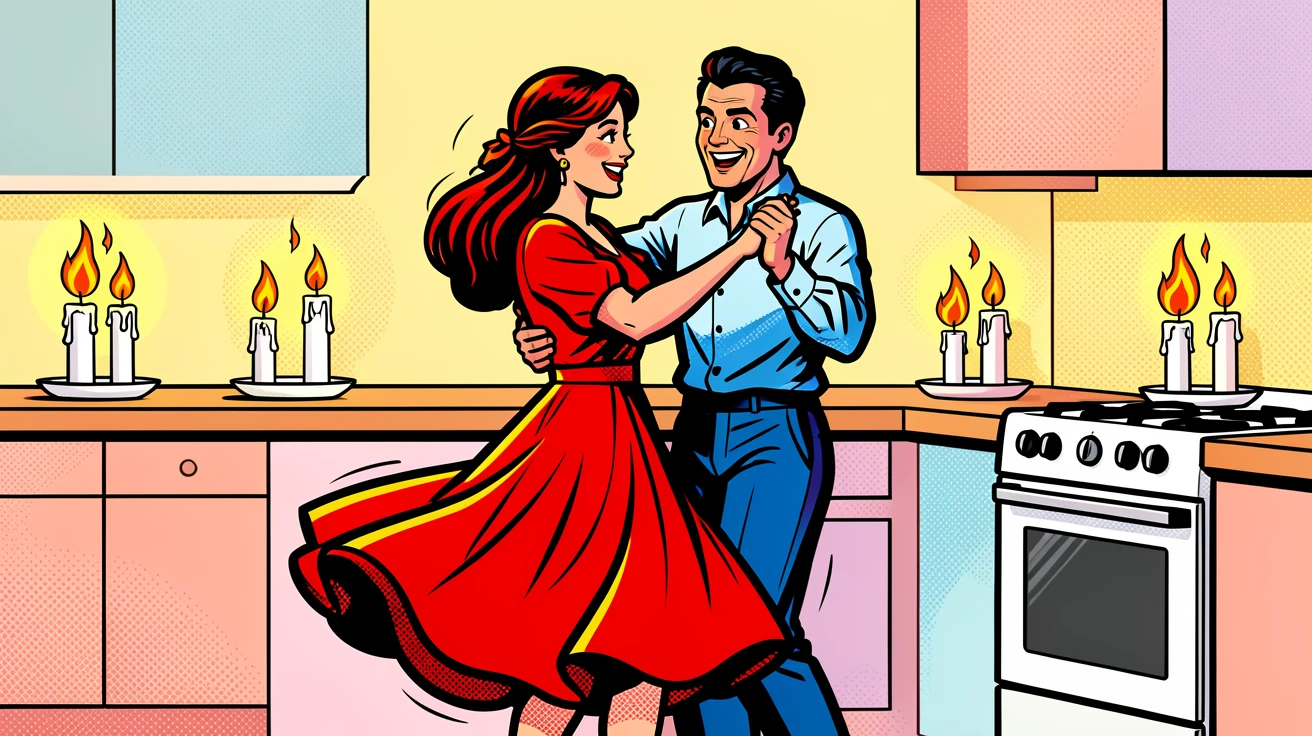 A couple dancing together in a candlelit kitchen
