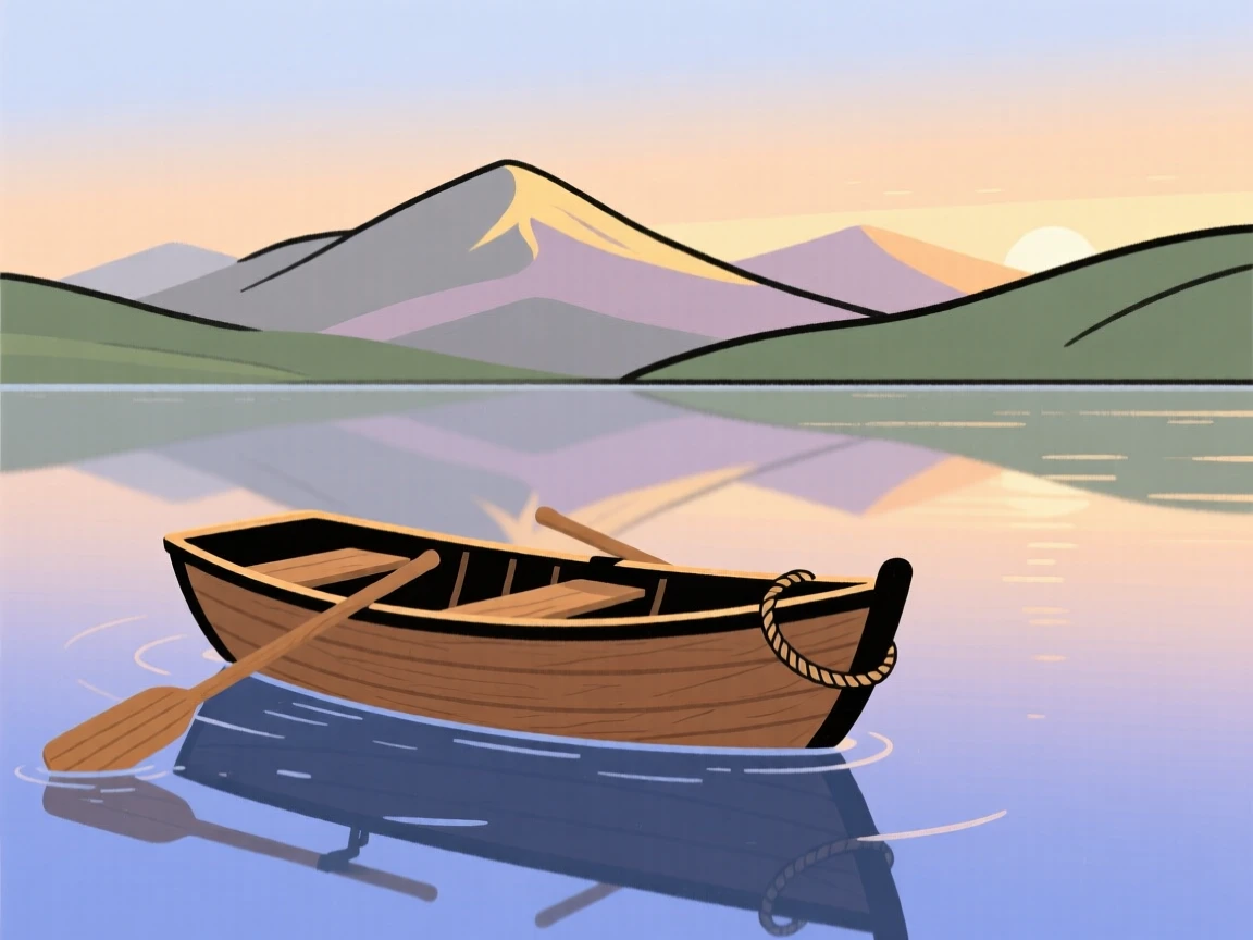 A lone small wooden rowboat drifts across a still mountain lake as the first light of dawn stretches across the surface and distant mountains rise in the distance.