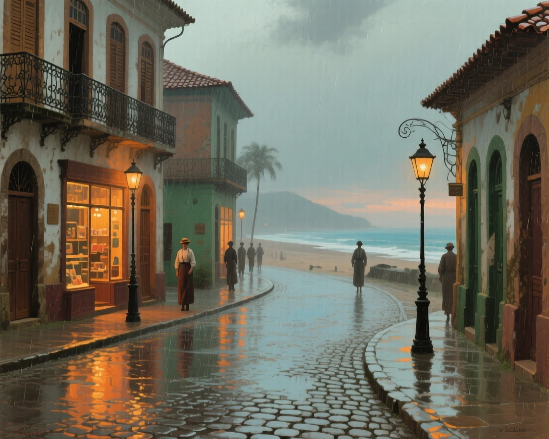 A balanced composition of a rain-soaked street reflecting the warm glow of shop windows, in the 1920s, in a Brazilian coastal town.