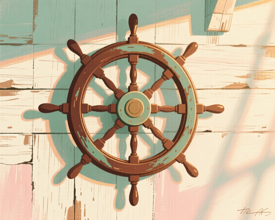An old ship's wheel mounted on a weathered wooden wall