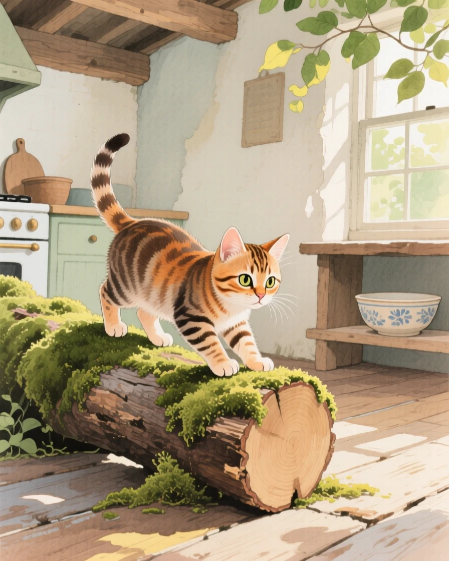A tabby kitten climbs over a mossy log in a rustic farmhouse kitchen, while soft light filters through nearby leaves