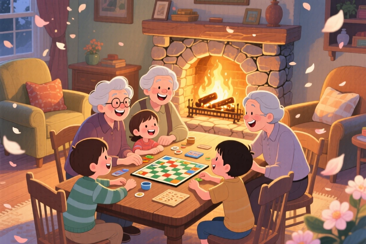 Grandparents and grandchildren gathered around a table playing a board game, in a cozy living room with a crackling fireplace, with flower petals drifting through the air, warmth and joy of a multigenerational family.
