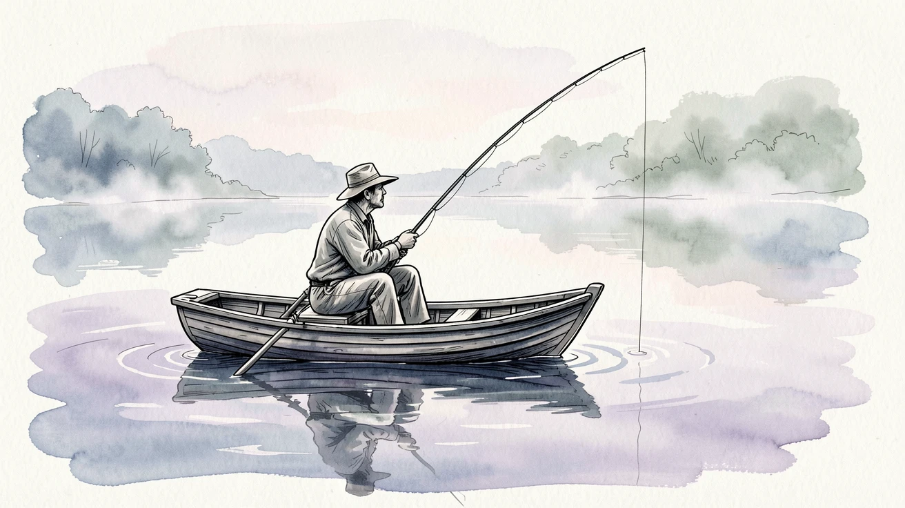A fisherman casting his line from a small wooden boat as morning mist rises off a calm lake