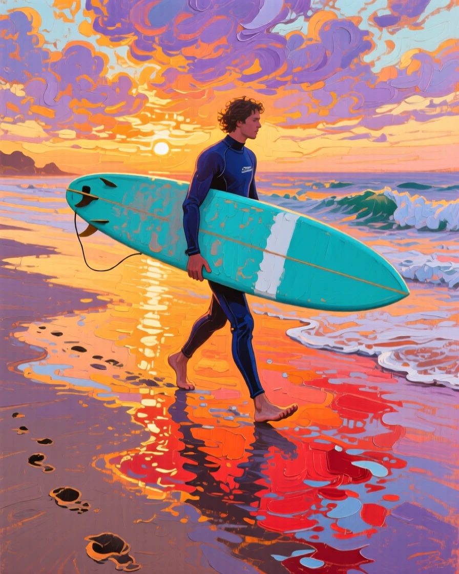 a surfer carrying a board across wet sand, at sunset, from an inviting eye-level viewpoint.