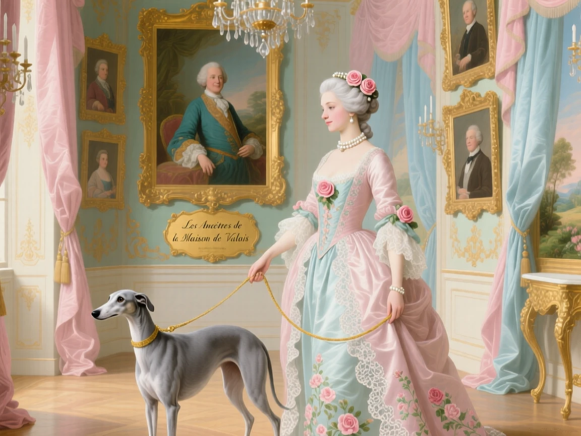 A princess leading her pet greyhound through a gallery of family portraits  