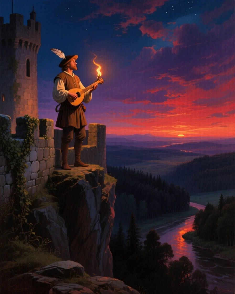 A minstrel stands watch atop a castle glowing with torchlight at night as the sun sets behind the walls.