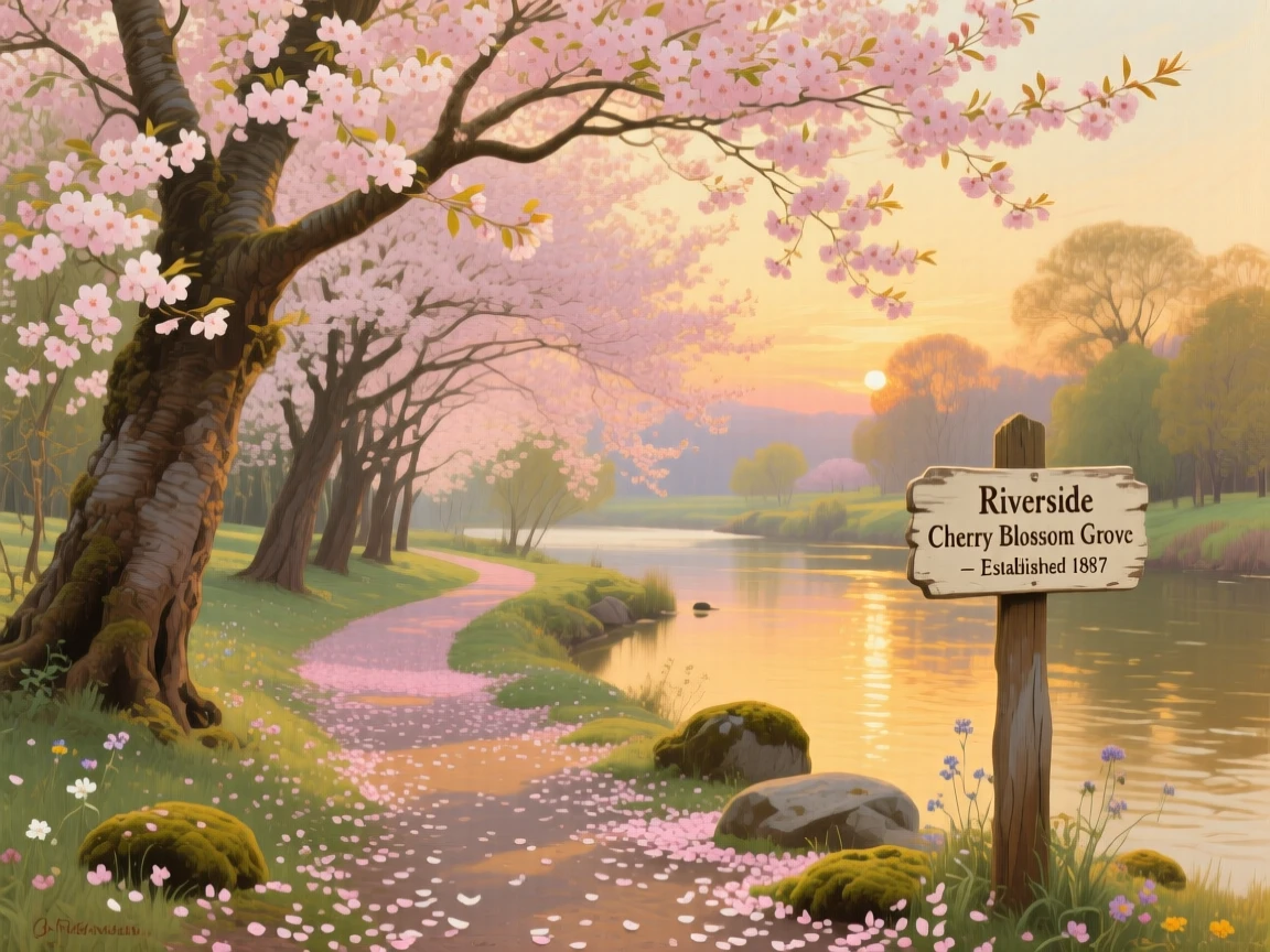 A cherry blossom grove in full bloom along a quiet riverside path, as golden hour light spills across the entire scene, radiating tranquility and the timeless beauty of the natural world