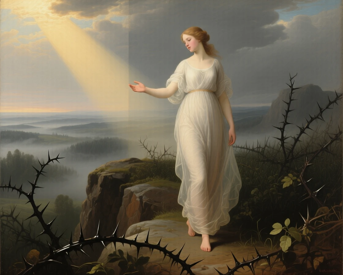 The allegory of Innocence walking untouched through a field of thorns at the threshold between the mortal and the eternal, set atop a rocky promontory overlooking a vast unknown, with a single ray of light illuminating the central symbolic gesture; contrasting light and shadow divide the canvas into meaningful halves, capturing the eternal struggle between light and shadow.