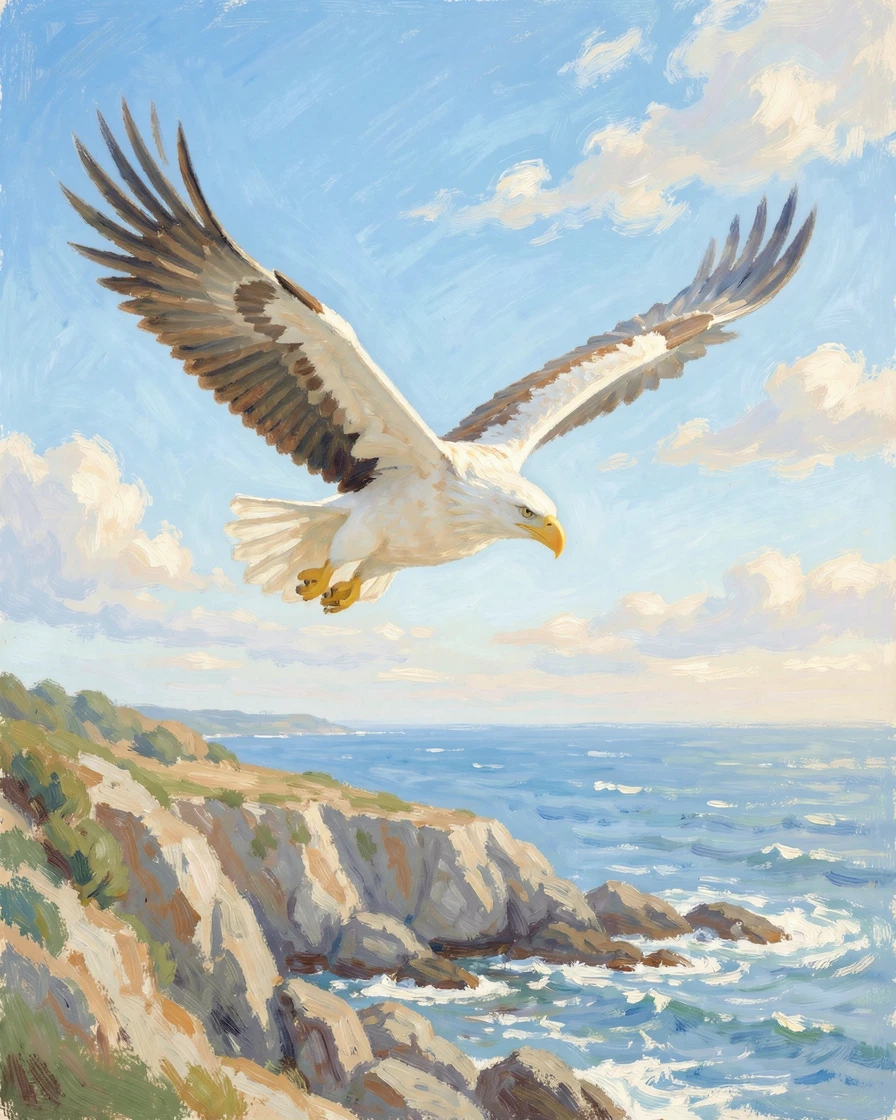 A bald eagle soaring above a rugged coastline, wings spread wide against a brilliant blue sky.