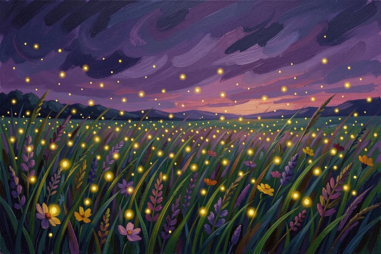 A meadow full of fireflies at dusk beneath a darkening violet sky.