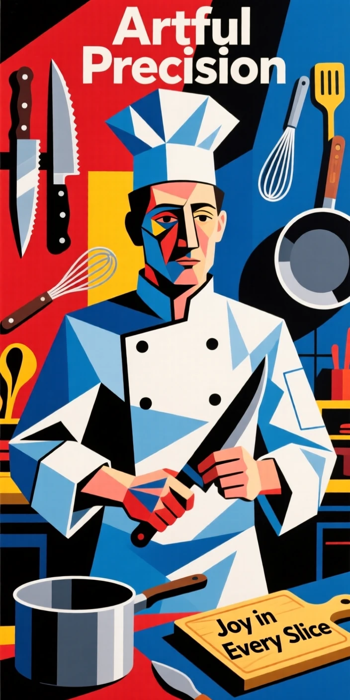 A medium shot portrait of a chef surrounded by the tools of the trade, focused and content in the craft.