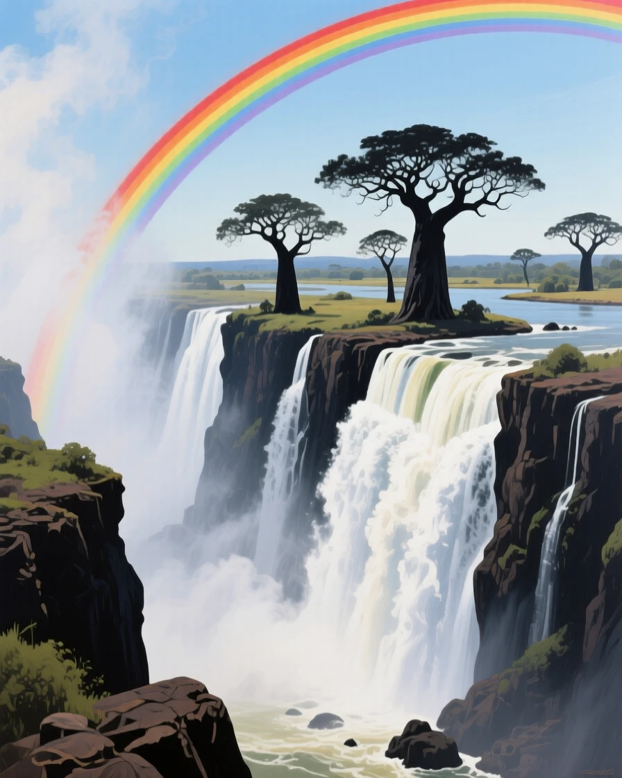 Victoria Falls sends towering plumes of mist into the African sky, a double rainbow arching over the gorge, baobab trees silhouetted on the distant riverbank, everything rendered with quiet clarity under the steady, natural light of the hour.