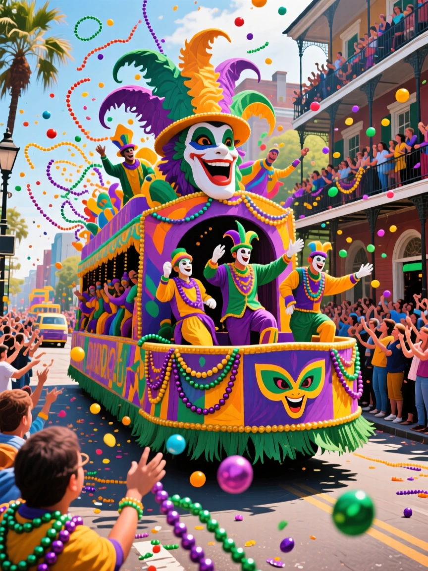 A vibrant Mardi Gras float passing through New Orleans streets, beads flying into an eager crowd