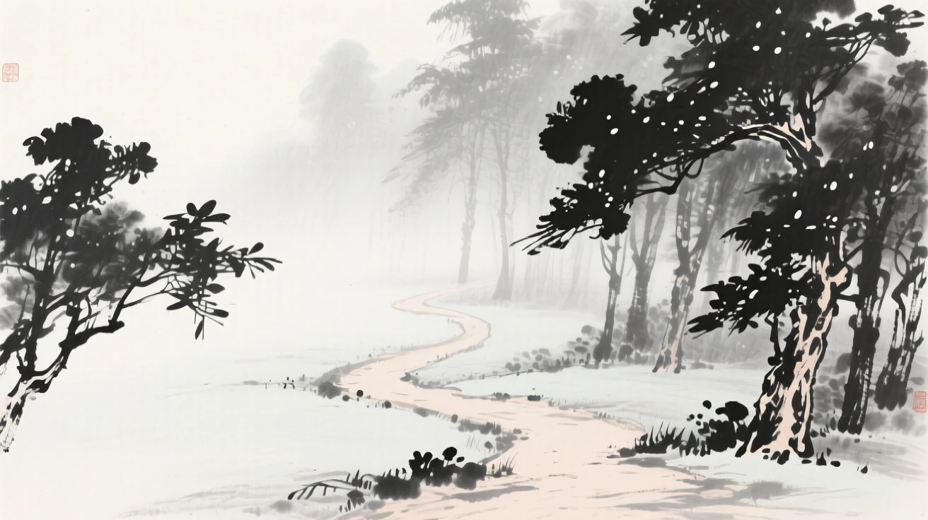 a forest path shrouded in mist, with morning dew clinging to every leaf.