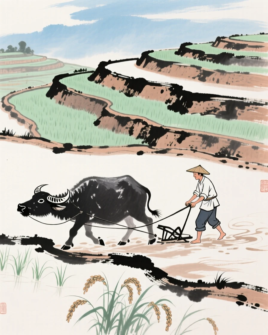 A farmer plowing a terraced field with the help of a water buffalo, in the height of summer, full of quiet reverence.