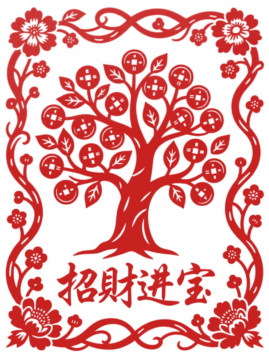 A blossoming money tree, set against a field of scrolling vines, a design meant to welcome abundance into the home.