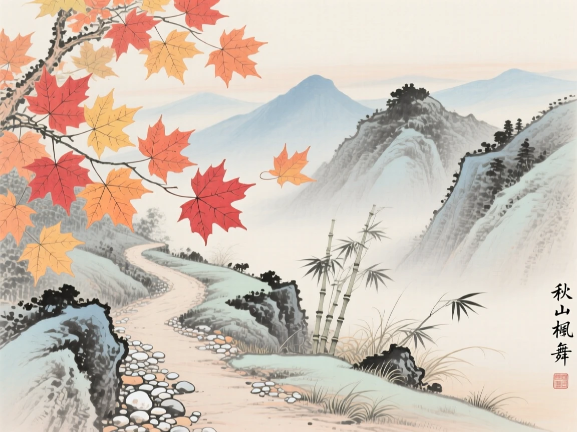 Maple leaves swirling in the wind along a mountain path in autumn, with distant mountains fading into soft mist