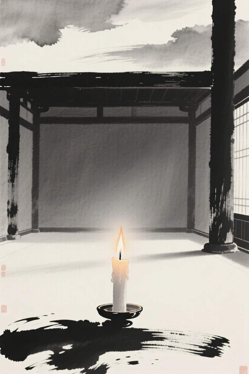 A solitary candle flickering in a dim temple hall beneath a soft, overcast sky, framed minimally, letting emptiness carry the mood, evoking deep introspection and quiet solitude.