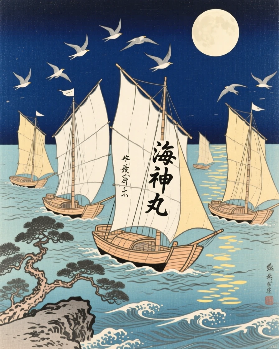 A fleet of sailboats surrounded by circling seabirds, under a full moon.