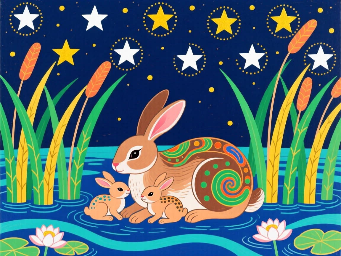 A hare with its young among reeds at a marsh, beneath a sky full of stars.
