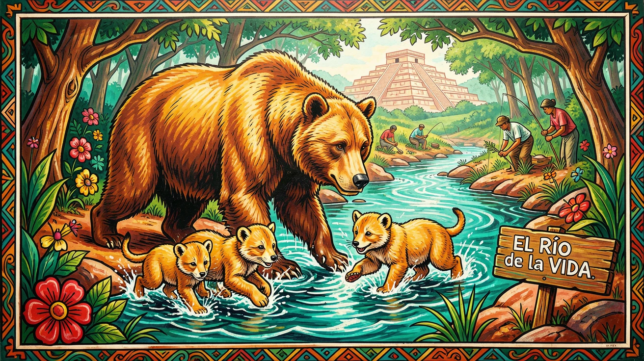 A mother bear and her cubs exploring a forest stream