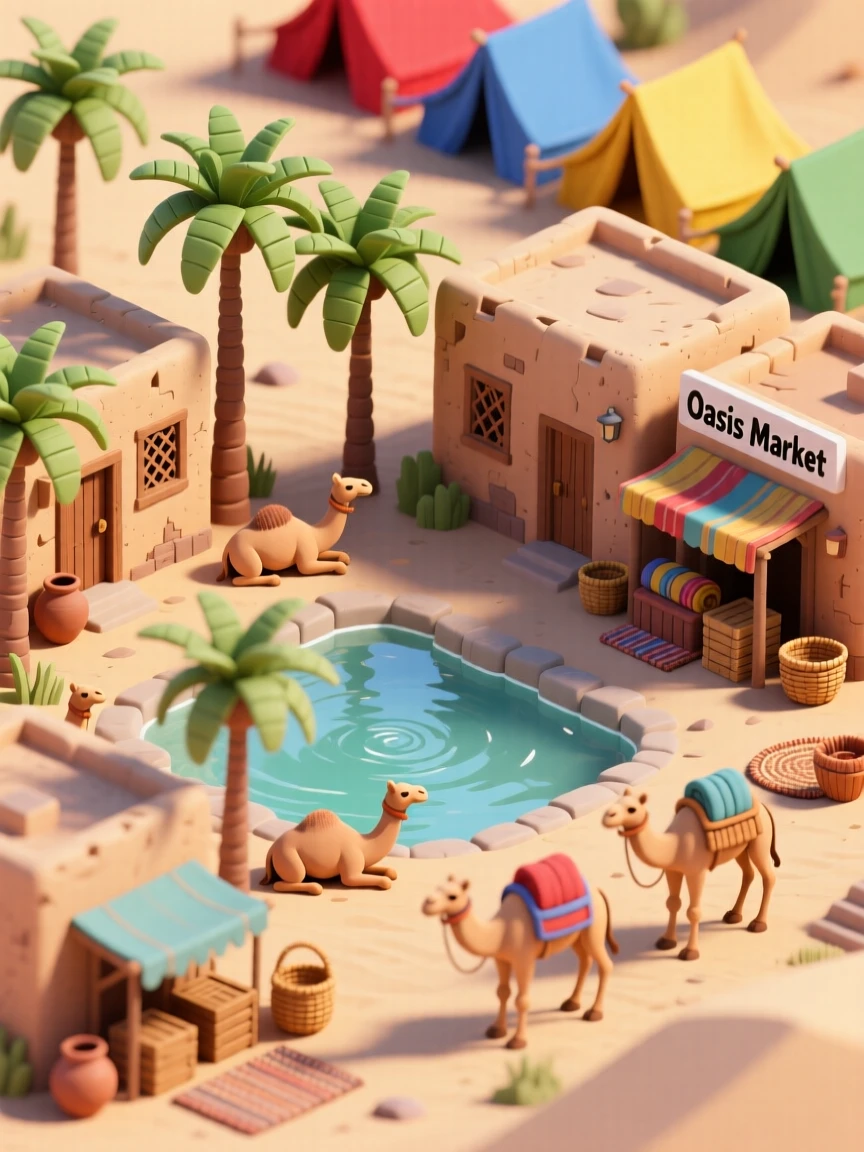 A desert oasis town built around a palm-fringed spring, with mud-brick buildings, camels resting in the shade, and a caravan arriving with colorful tents.