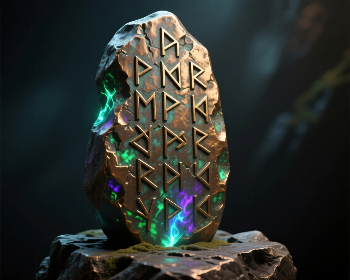 An ancient rune stone pulsing with magical energy, glowing with magical, luminous light, transporting the viewer to another world