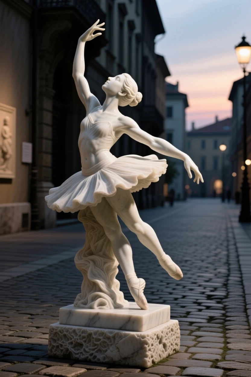 A tender portrait of a young dancer mid-leap, reaching upward toward the light, on a quiet cobblestone street at dusk, evoking warmth and humanity