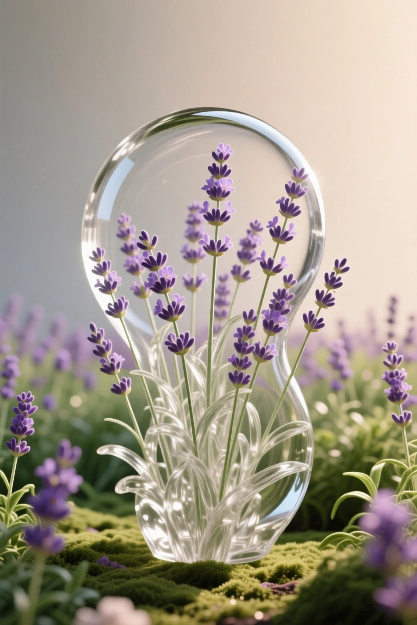 A field of lavender in a lush garden setting with soft green foliage behind, gentle afternoon light, feeling romantic and inviting.