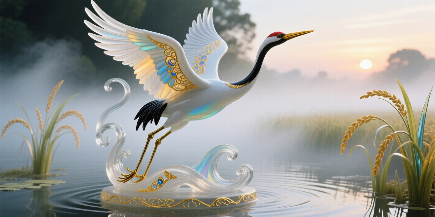 A single crane taking flight from a misty rice paddy at dawn, graceful and symbolic.