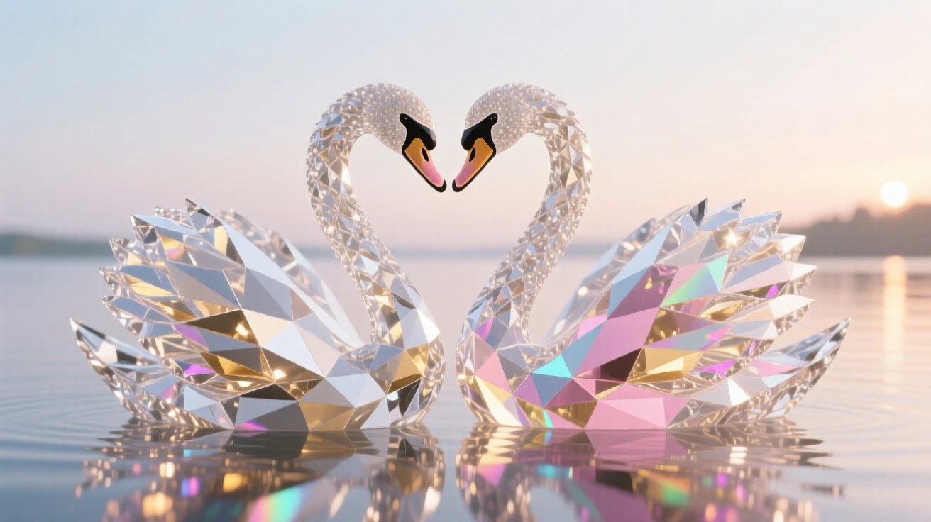 A pair of swans gliding across a still lake at sunrise, wings arched in a heart shape.