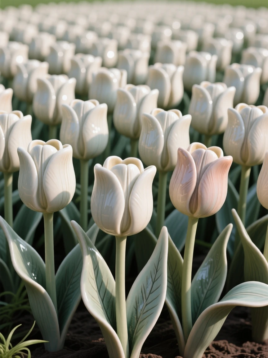 A field of tulips lined in neat rows clustered together in natural harmony, with veins tracing intricate natural patterns, capturing a fleeting, delicate moment in bloom.