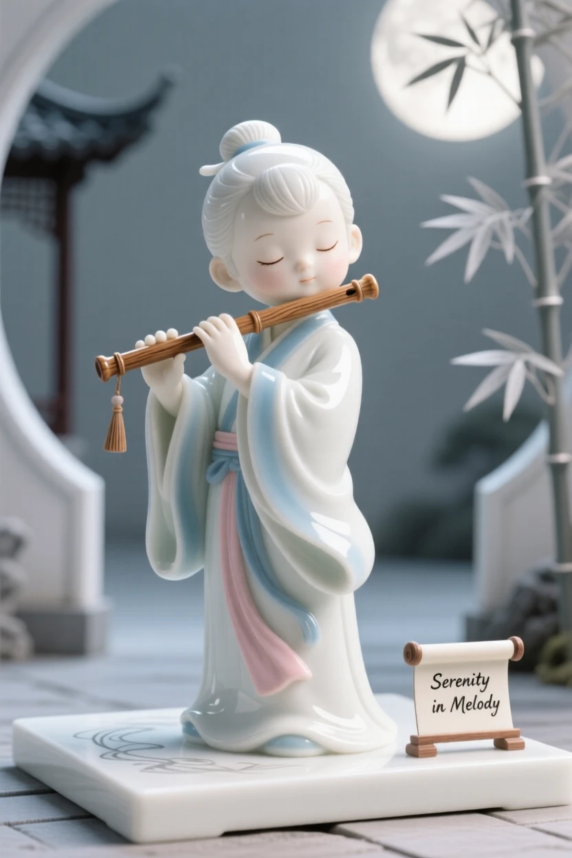 A childlike scholar playing a wooden flute, her posture calm and dignified, in a moonlit courtyard.