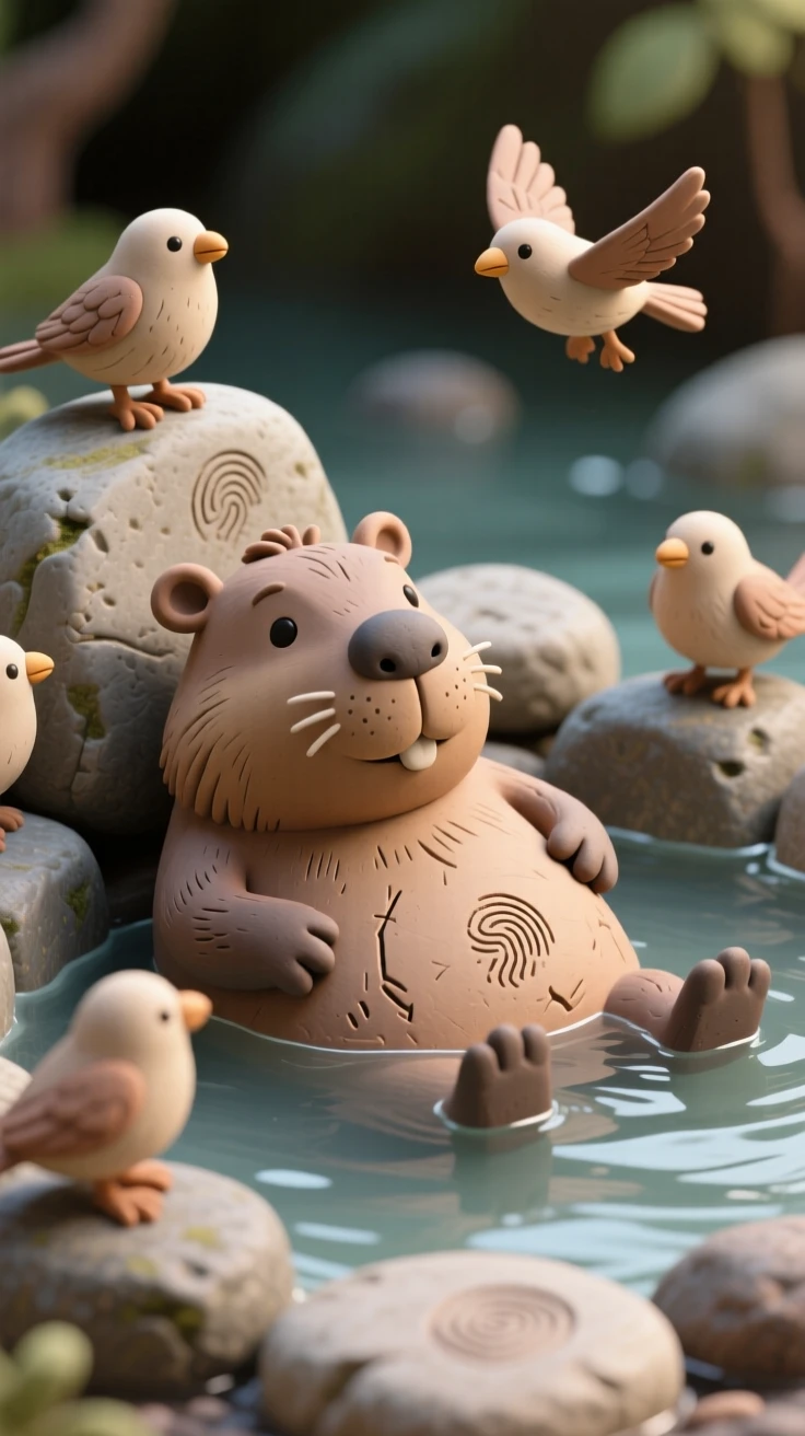 A capybara relaxing in a hot spring surrounded by curious birds