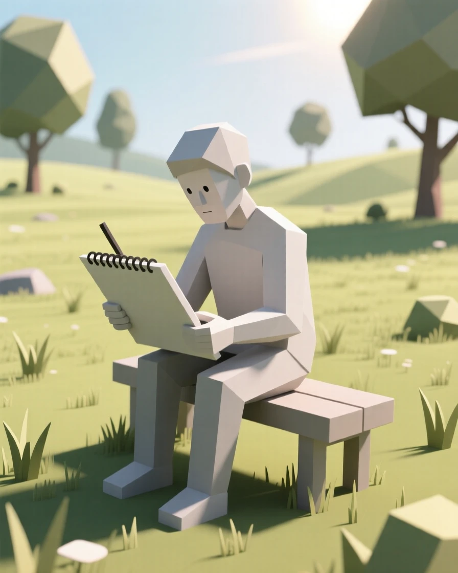 An artist sketching quietly in a park, in a quiet, sunlit meadow. fine details in expression bring the moment to life. The moment feels full of hope and possibility.