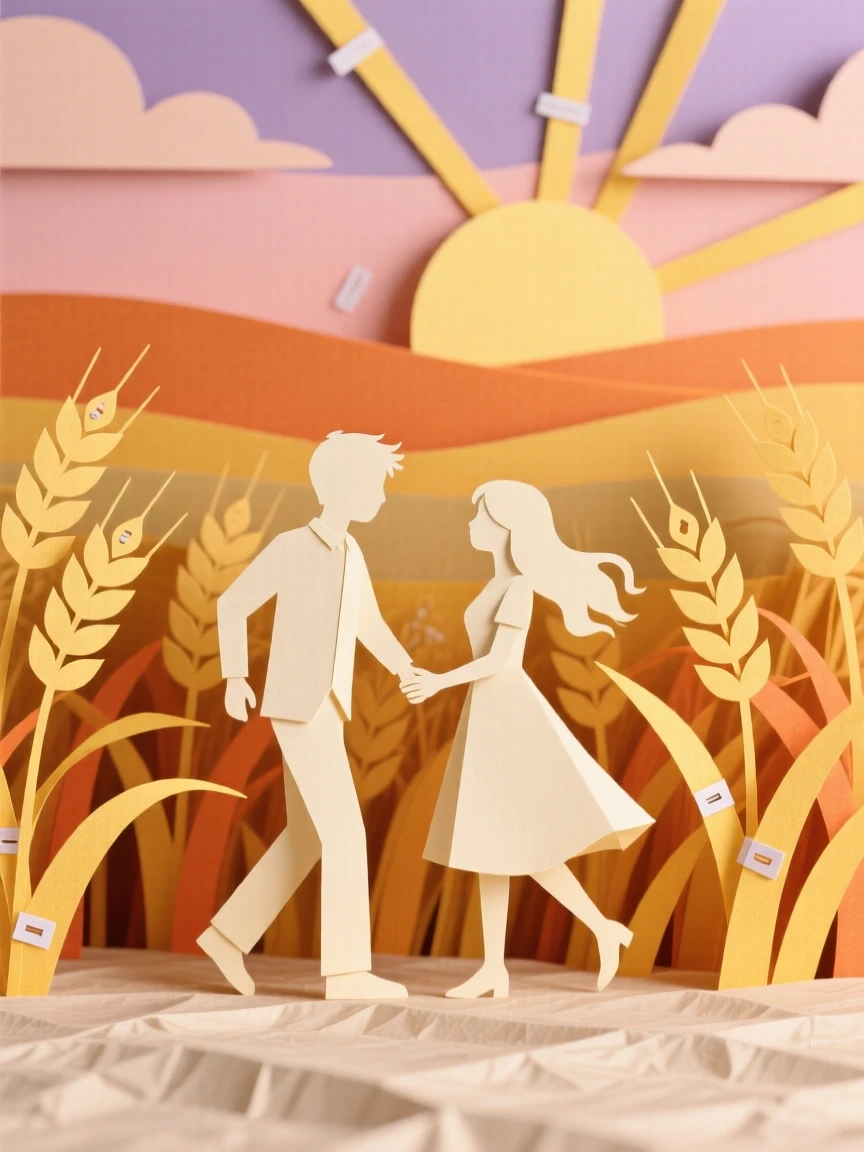 A young couple dancing together in a golden wheat field at sunset, their silhouettes framed against the glowing sky, capturing tender romance.