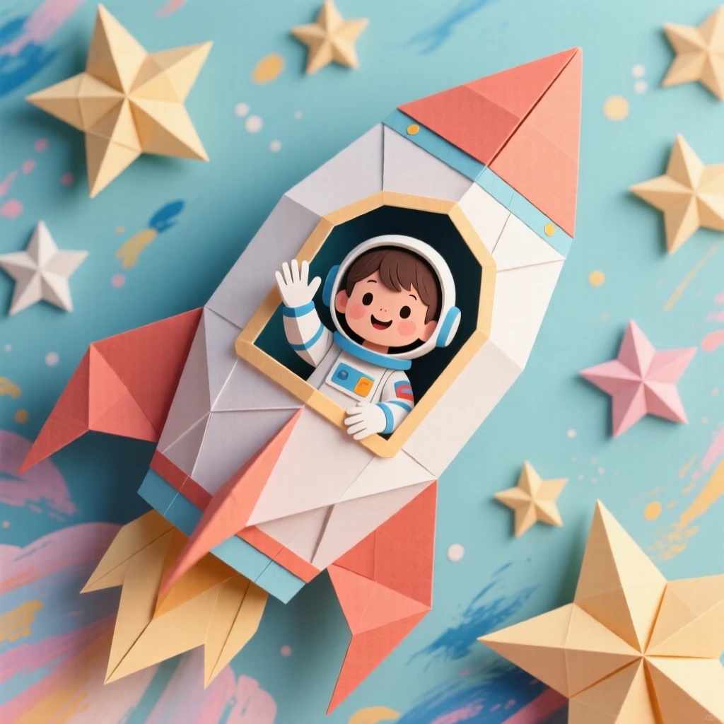 A little astronaut child waving through the window of a toy rocket ship among painted stars.