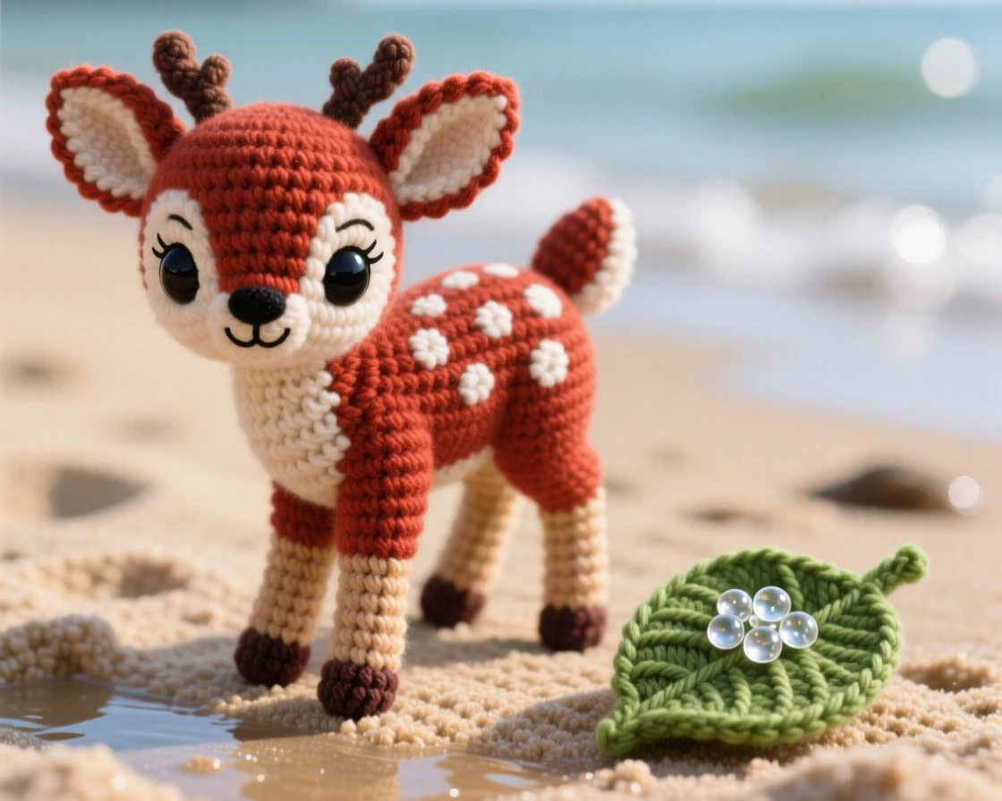 a small baby deer fawn with white spots on a reddish coat is shown standing on wobbly legs for the first time within a sandy beach at low tide, accompanied by a cluster of dewdrops on a nearby leaf, capturing a moment of pure innocent joy.