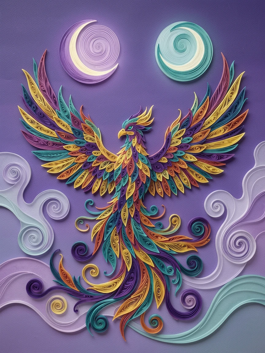 a phoenix rising in a burst of fiery feathers, beneath a sky filled with two glowing moons, composed with soft ethereal mist drifting through the scene, in a glowing palette of violet, teal, and gold.