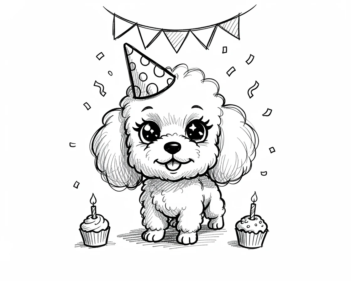 A tiny teacup poodle wearing a birthday hat at a small party.
