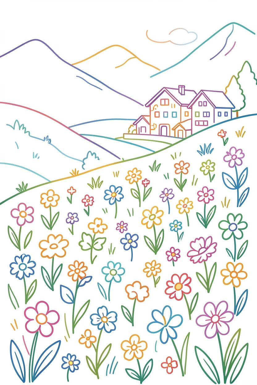 A meadow of wildflowers rolling downhill toward a quiet alpine village.
