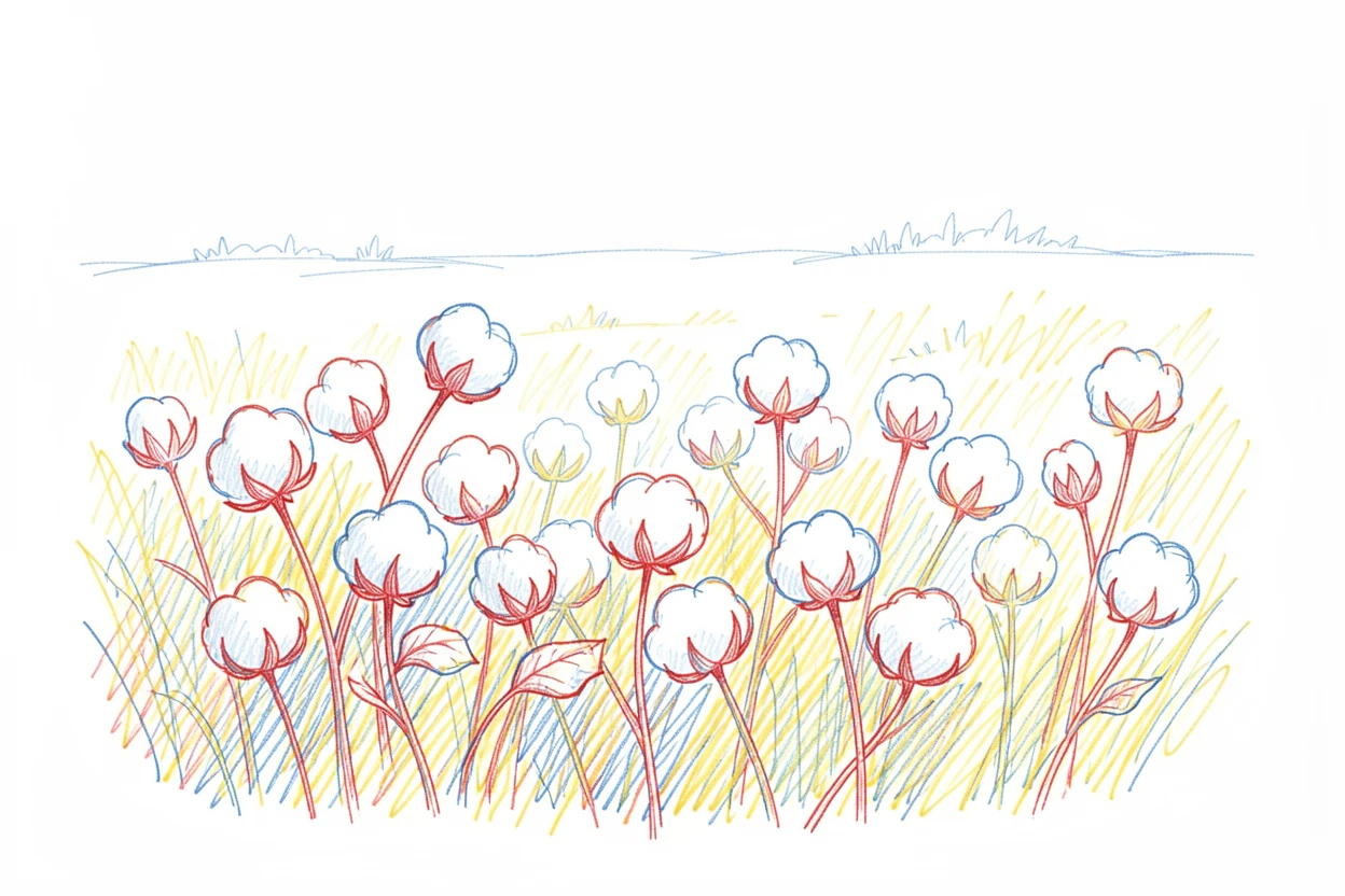 A field of wild cotton plants glowing white under early morning light