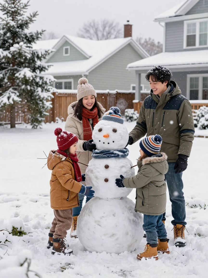 A family building a snowman in fresh snowfall