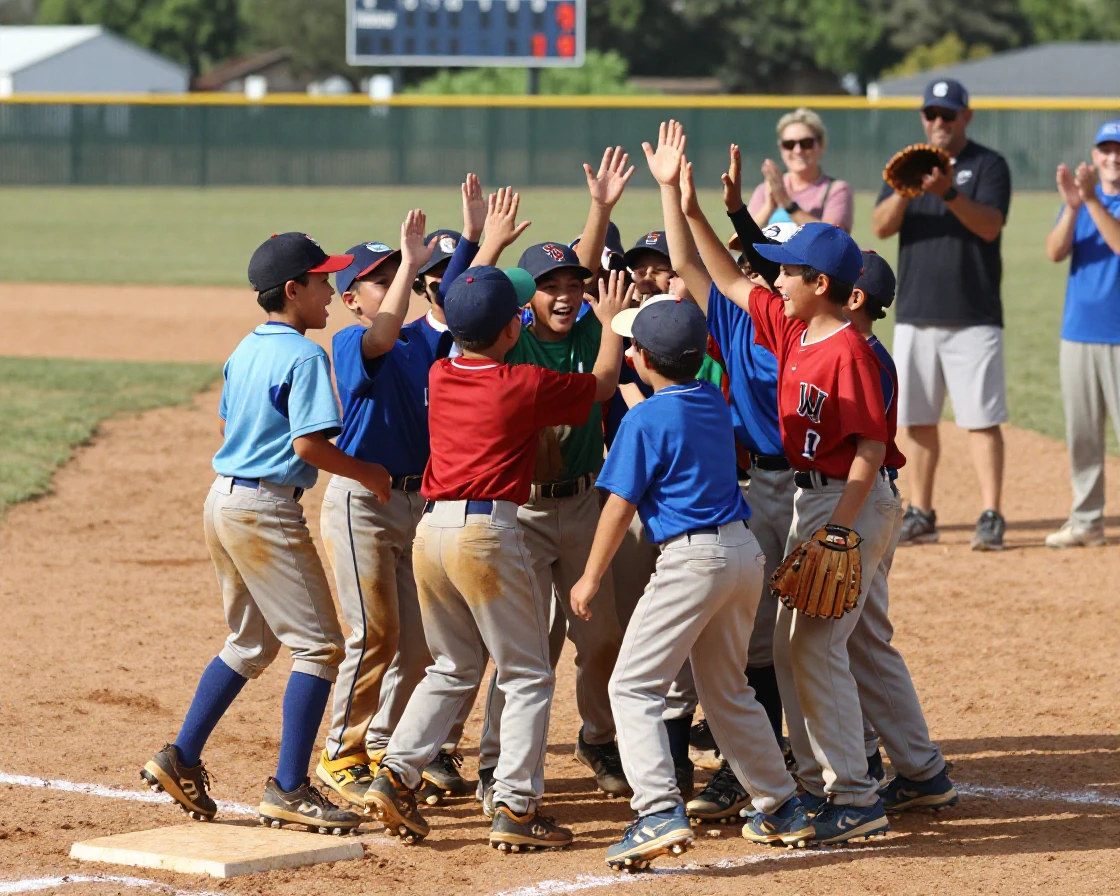 A little league team celebrates a win with a pile of high-fives at home plate.