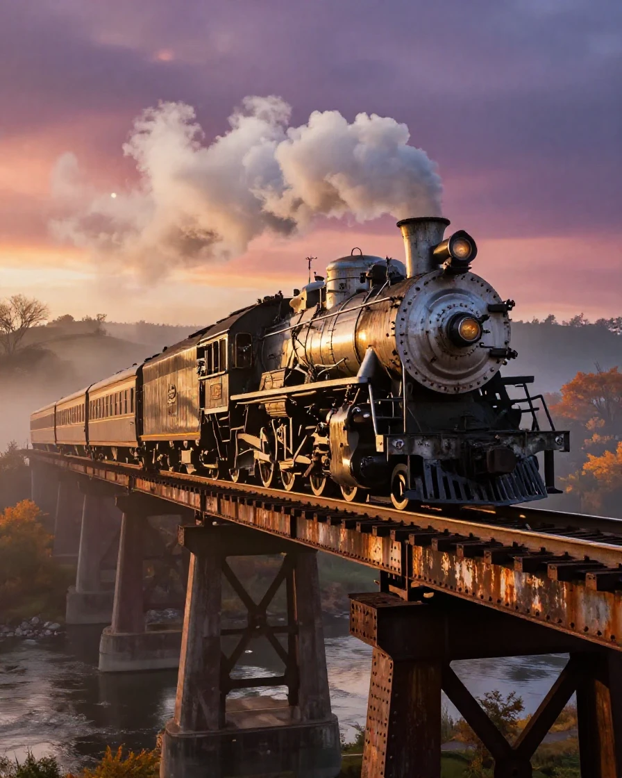 A vintage steam train crossing an old iron bridge at sunrise