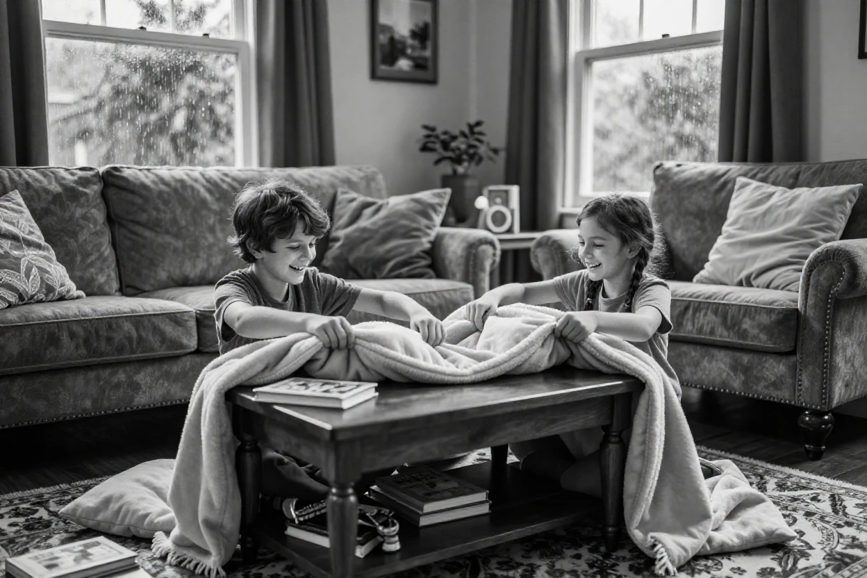 Siblings build a blanket fort in the living room on a rainy afternoon indoors.