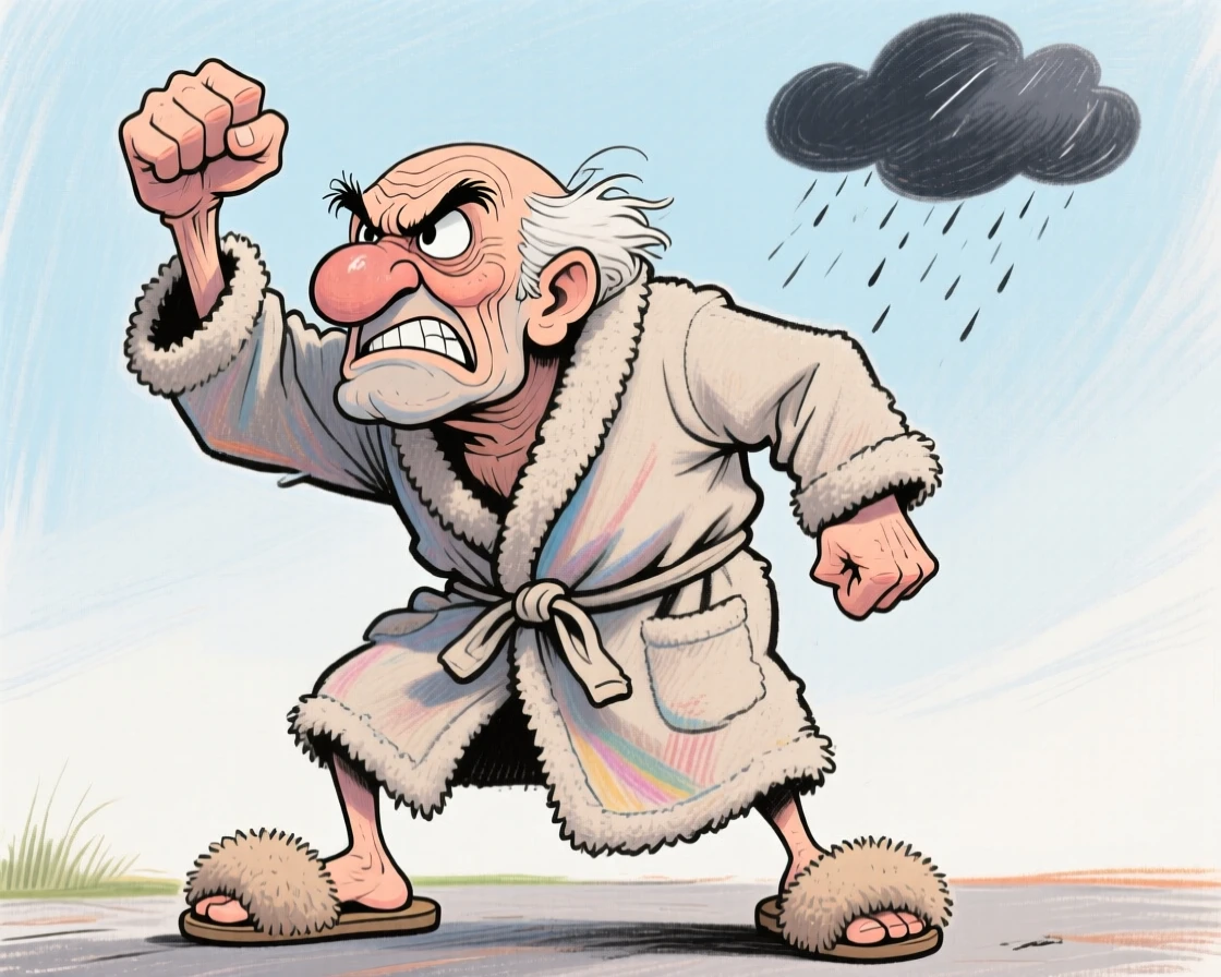 A grumpy old man shaking his fist at the sky, slippers and bathrobe on.