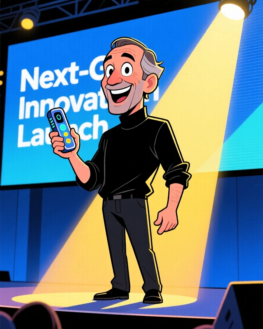 A larger-than-life portrait of a famous tech visionary presenting a new gadget on stage, turtleneck sleeves pushed up, spotlight gleaming.
