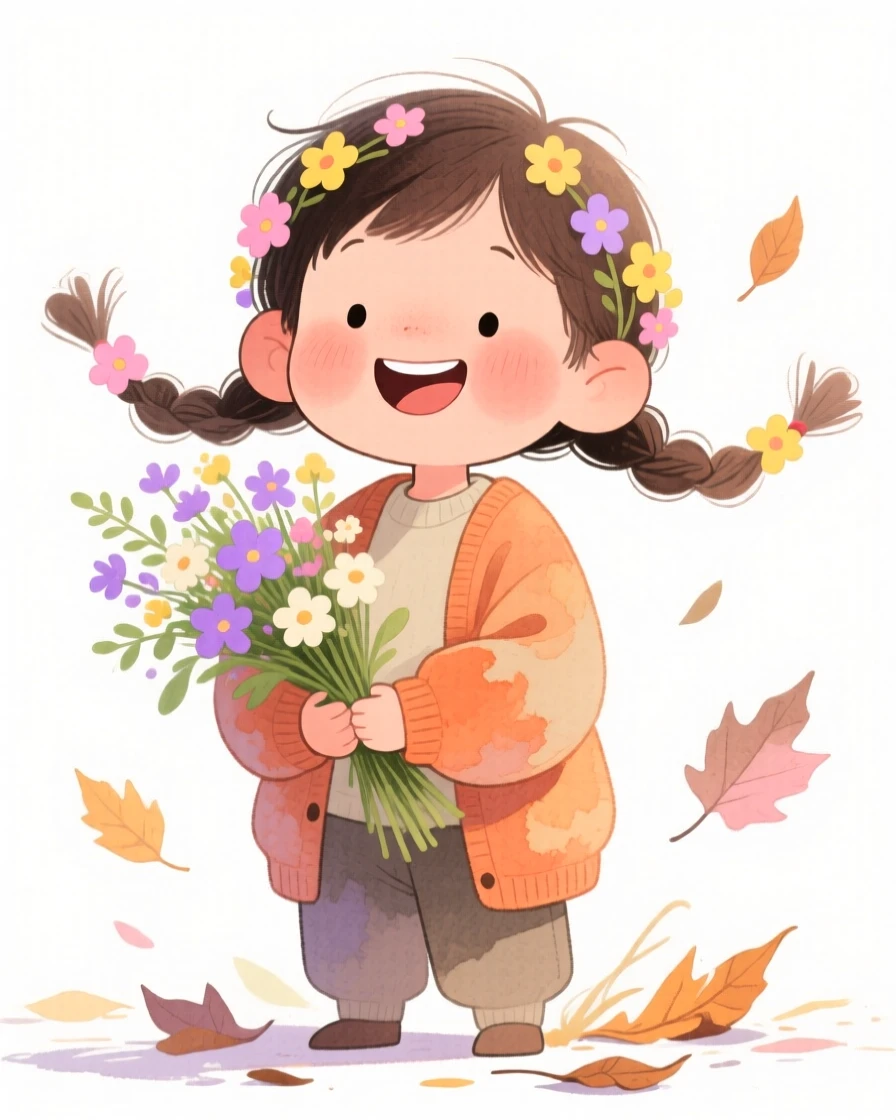 A little boy with tight braids adorned with tiny flowers, smiling warmly, wearing a cozy oversized cardigan and cradling a bouquet of wildflowers, surrounded by autumn leaves