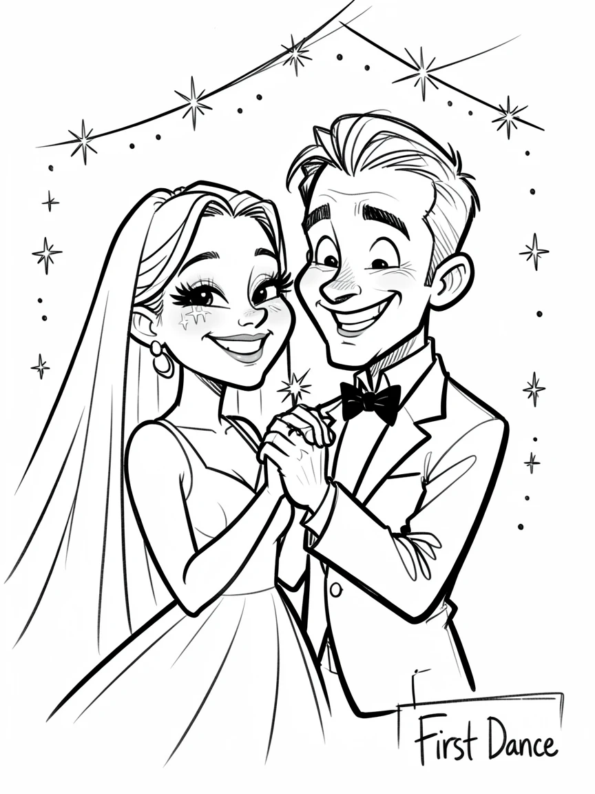 [Family & Relationship Moments] Heartwarming scene of a newlywed couple sharing their first dance under twinkling lights, radiating love and warmth